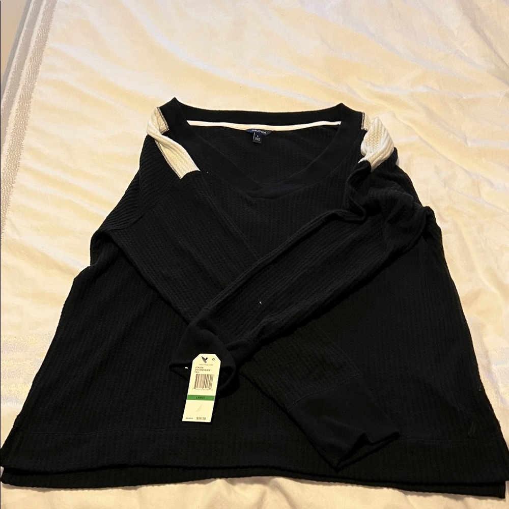 Nautica Black Sweater with White Trim on Shoulders- Large